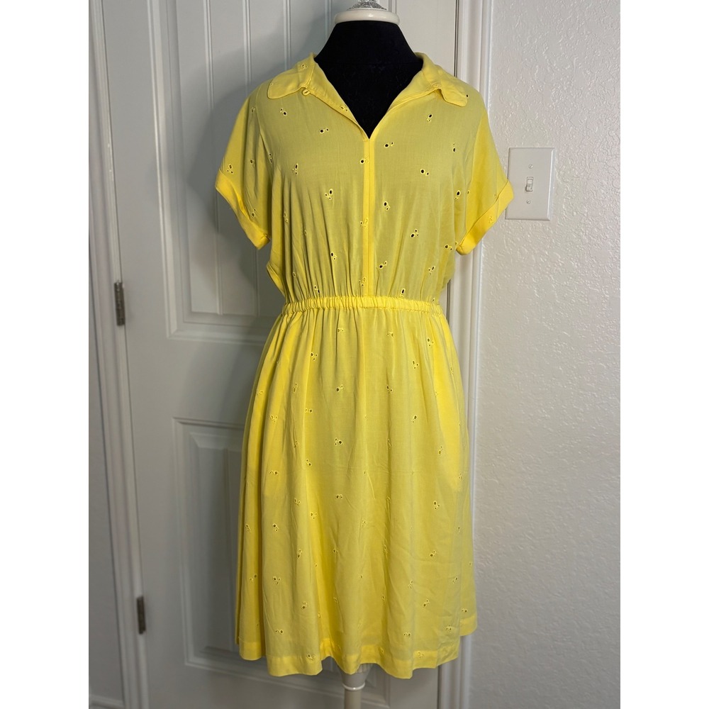 Joules‎ Yellow Eyelet Button Front Midi Dress Shirt Dress Elastic Waist Size 6